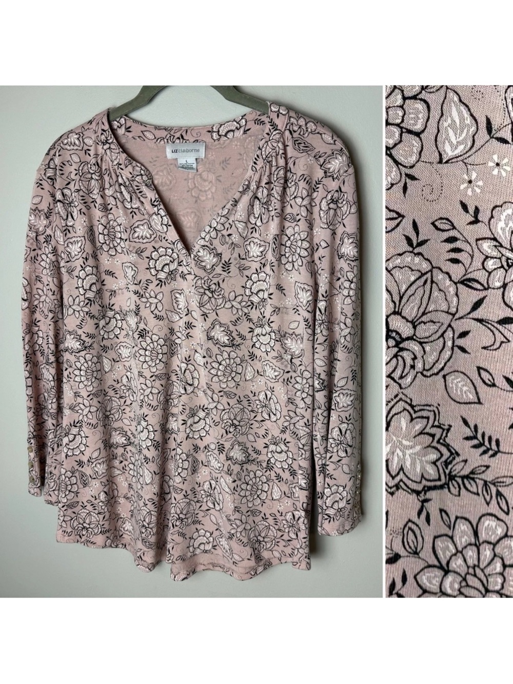 Liz Claiborne Top Size Large Floral Stretch Blush Pink Black V Neck 3/4 Sleeves